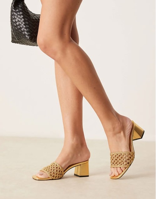Wide Fit Honeycomb weave detail mid heeled mules in gold