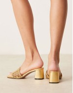 Wide Fit Honeycomb weave detail mid heeled mules in gold
