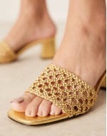 Wide Fit Honeycomb weave detail mid heeled mules in gold