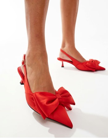 Wide Fit Secret bow slingback kitten heeled shoes in red