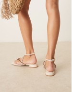 Flaunt barely there strappy flat sandals in linen with beads